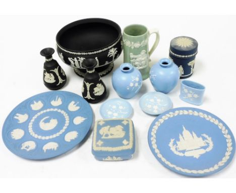 A group of Wedgwood Jasperware, to include mainly blue Wedgwood Jasperware collectors plates, trinket boxes, a group of Copel