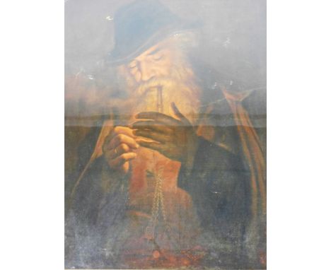 20thC School. Man smoking pipe, print on canvas, with indistinct signature, 73cm x 54cm, framed and glazed. 