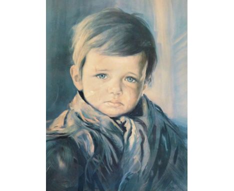 After J. Deagolin. Crying child, coloured print, in gilt frame, 68cm x 48cm.