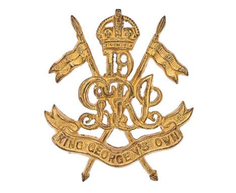 Indian Army. 19th King George’s Own Lancers post 1922 Officer’s gilt cap badge.Fine die-cast crown over ‘19’ on ‘GRI’ cypher,