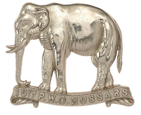 19th Princess of Wales’s Own Hussars OR's cap badge circa 1898-1902.Good die-stamped white metal elephant on single scroll “1