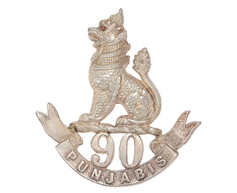 Indian Army. 90th Punjabis Officer’s cap badge circa 1903-22.Fine die-stamped silvered Chinthern over  die-cast “90” resting 