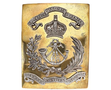 68th (Durham Light Infantry) Regiment Victorian pre 1855 Officer’s shoulder belt plate.Good scarce copper gilt rectangular pl