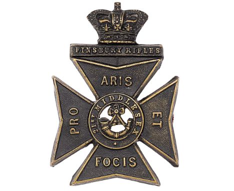 Finsbury Rifles Victorian cap badge circa 1897-1901Good die-stamped blackened brass Maltese cross surmounted by crowned title