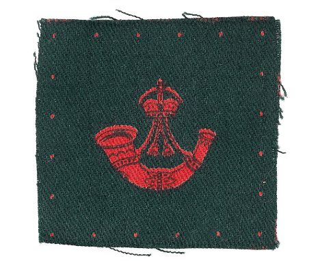 155 Regiment, Royal Armoured Corps WW2 cloth formation sign.Good scarce red crowned strung bugle printed on green square.   V