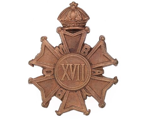 Indian Army. 17th Bombay Infantry Victorian pagri badge circa 1885-1903. Good scarce die-stamped copper crowned six armed cro