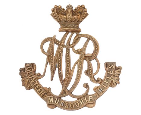Indian Army. Mussoorie Volunteer Rifles Victorian helmet plate.Scarce die-stamped brass British made crowned ‘MVR’ cypher res