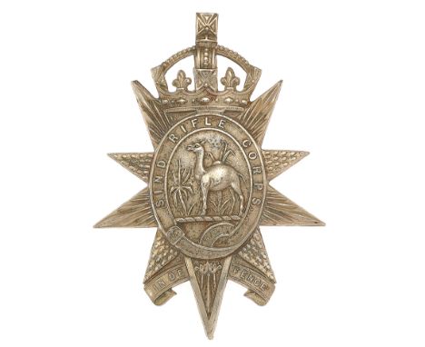 Indian Army. Sind Rifle Corps helmet plate.Good scarce die-stamped white metal British made crowned ten pointed elongated sta