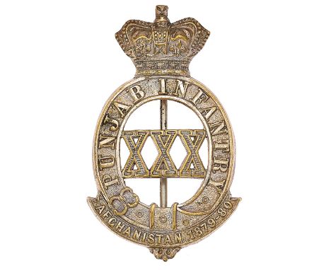 Indian Army. 30th Punjab Infantry Victorian pagri badge.Fine scarce British made die-stamped pre 1903 lightly silvered crowne