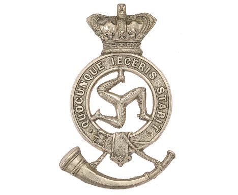 Isle of Man Rifle Volunteers Victorian glengarry badge.Good rare die-stamped white metal crowned strap “QUOCUNQUE IECERIS STA