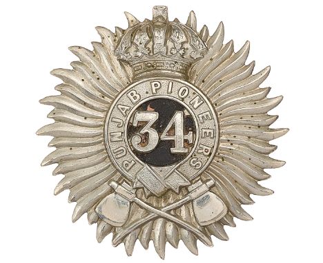 Indian Army. 34th Punjab Pioneers helmet badge circa 1901-03.Good British made die-stamped white metal Star of India bearing 