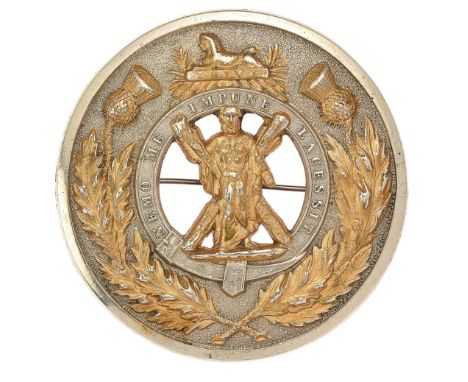 Scottish. Highland Light Infantry plaid brooch.Nickel quoit bearing thistle sprays, Sphinx and St. Andrew &amp; Cross in gilt