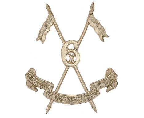 Indian Army. 6th Duke of Connaught’s Own Lancers post 1922 helmet badge.Fine die-cast white metal ‘6’ superimposed on crossed