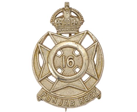 Indian Army. 16th Punjab Regiment post 1922 pagri badge.British made die-stamped white metal crowned Maltese cross, in cresce