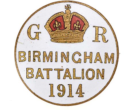 Birmingham Battalion 1914 Kitchener’s Army enamelled lapel badge.Fine white disc with red enamelled crown flanked by GR over 