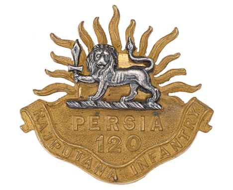 Indian Army. 120th Rajputana Infantry Officer’s cap badge circa 1903-22. Fine die-stamped gilt sun over “PERSIA” over ‘120’ w