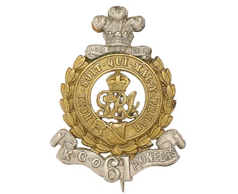 Indian Army. 61st King George’s Own Pioneers pagri badge circa 1911-22.Good British made die-stamped brass Garter surmounted 