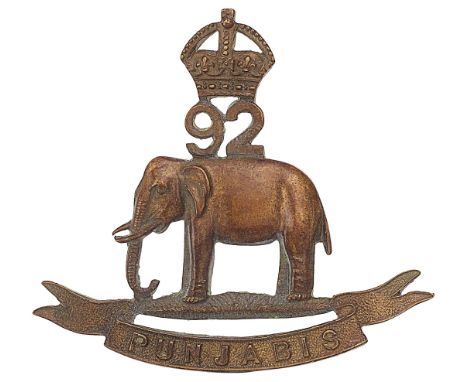 Indian Army. 92nd Punjabis OSD badge circa 1903-1922.Good British made die-cast crowned ‘92’ over elephant on “PUNJABIS” scro