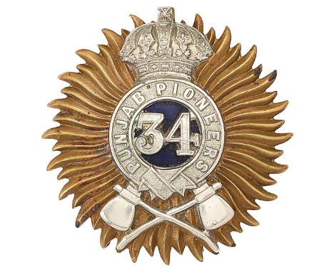 Indian Army. 34th Punjab Pioneers senior NCO’s helmet badge circa 1901-03.Good British made die-stamped example. Brass Star o