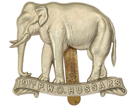 19th Princess of Wales’s Own Hussars OR's cap badge circa 1898-1902.Good die-stamped white metal elephant on single scroll “1