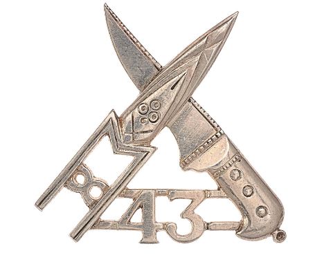 Indian Army. 43rd Erinpura Regiment cap/pagri badge circa 1903-21.Good scarce locally made silver crossed Indian dagger and P