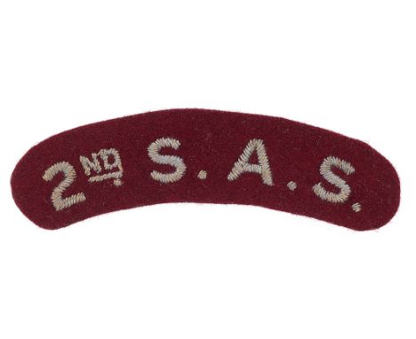 2nd S.A.S. WW2 Special Air Service cloth shoulder title.g.Good rare light blue sans-serif letters embroidered on maroon felt 
