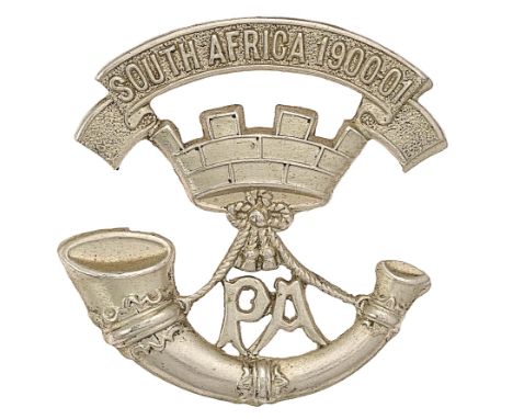 4th &amp; 5th Bns. Somerset Light Infantry post 1908 OR’s cap badge.Good die-stamped white metal bugle strung from mural crow
