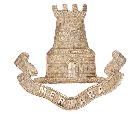 Indian Army. Mharwara Battalion Victorian Officer’s pagri badge.Good scarce die-cast silvered tower on “MERWARA” scroll.   Lo