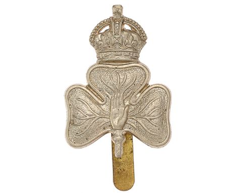 Irish. Ulster 14th Bn (Young Citizens) Royal Irish Rifles WW1 “Kitchener’s Army” cap badge.Good scarce die-stamped white meta