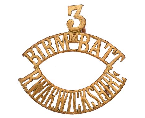 3 / BIRMM.BATT / R.WARWICKSHIRE WW1 Pals brass Kitchener’s Army shoulder title.Good scarce die-cast example.  Three loops VGC