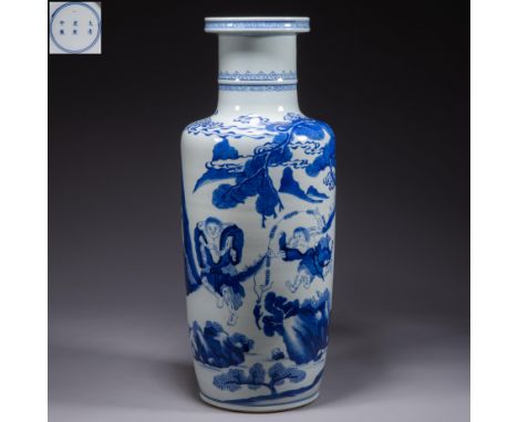 Chinese Qing dynasty Kangxi inscription blue and white porcelain vase    H:47.5cm             Diameter:12.8cm