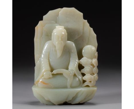 Chinese Qing dynasty Hetian jade Taoist statue    H:14.7cm             W:9cm       Weight:979g