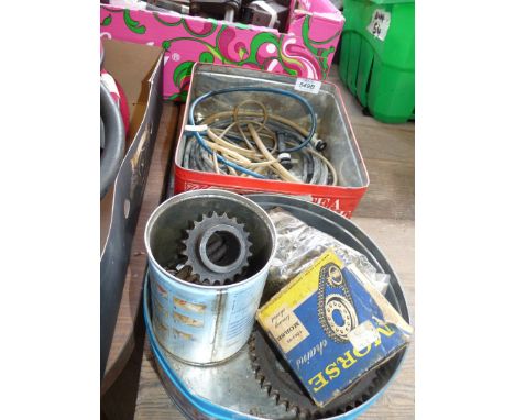 A set of engine timing chain, cogs, four new duplex engine timing chains. windscreen washer pipe joints, etc.,