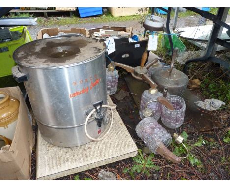 A catering boiler,  chandelier wall lights, a copper kettle, etc.