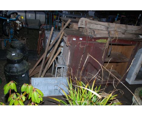 Two milk churns (no bases - as found), a galvanised bottle crate and a "North Hereford Fabrication Co" sign, plus a number of