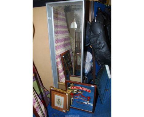 A tall mirror, prints, Smirnoff Vodka mirror, etc.