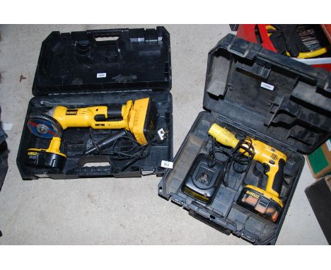 A "DeWalt" angle grinder and drill, both with batteries and chargers.
