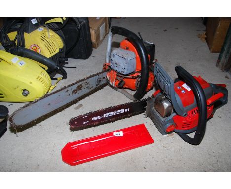 A "Husqvarna" petrol chainsaw (as found) and a "Mitox" petrol chainsaw. (Both have good compression).