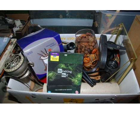 A box of miscellanea: binoculars, telescope, vases etc.