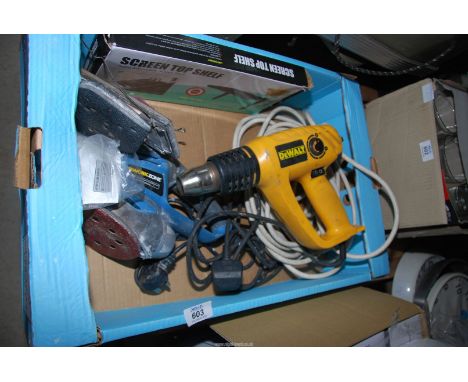 A "Workzone" sander, a "DeWalt" hot air gun, etc.