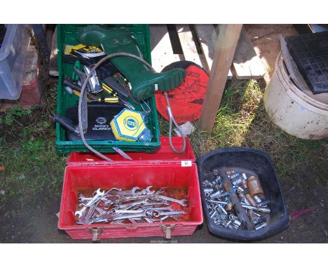 A quantity of sockets, spanners and various tools, along with a pair of size 3 "Hunter" Wellingtons, etc.