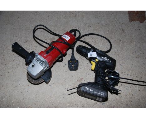 A "Powerdevil" angle grinder and a "Wilko" drill.