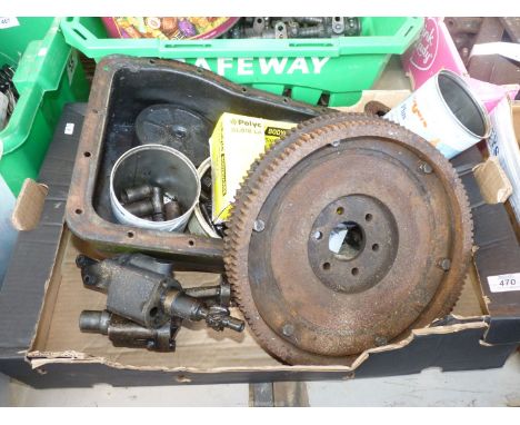 A Flywheel, a flywheel new cog/starter ring, two A60 etc., oil pumps, one oil pump strainer, one timing chain and top & botto