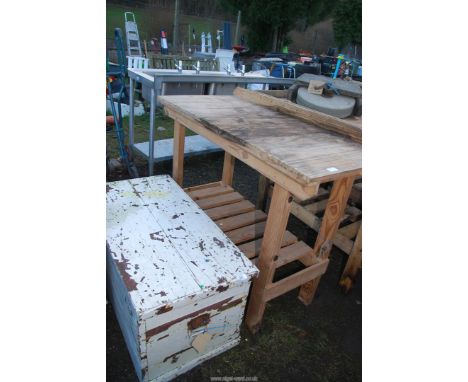 A white painted trunk and a timber work bench, 47" long x 38" high.