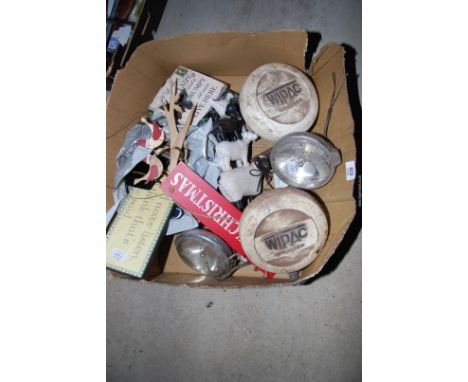 A box of "Lucas" (Wipac) car lights, indoor signs, etc.