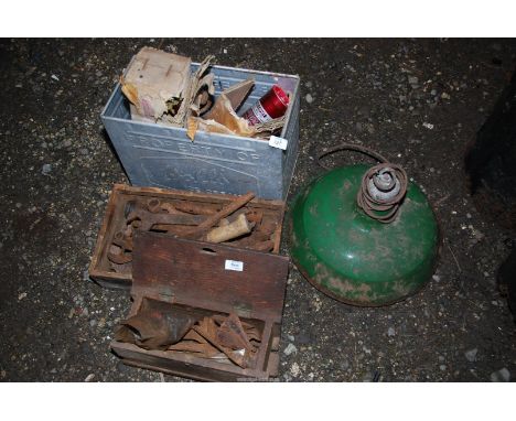 A metal "Walls Ice Cream Box", two wooden boxes of old tools and a ceiling lamp, etc.