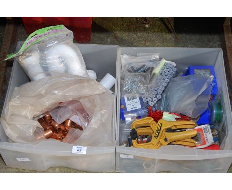 Two boxes of copper connectors, quick grip hand clamps, wall plugs, screws, tools, etc.
