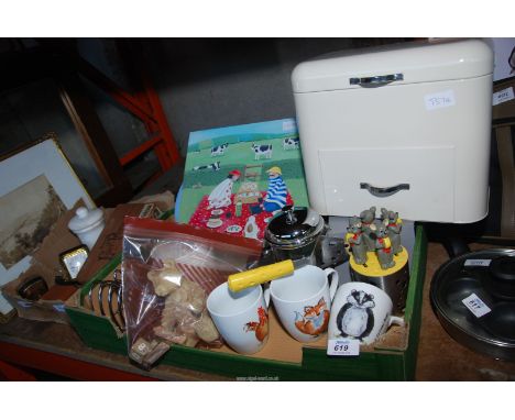 A quantity of Kitchenalia, canvas pictures, a metal storage tin, etc.