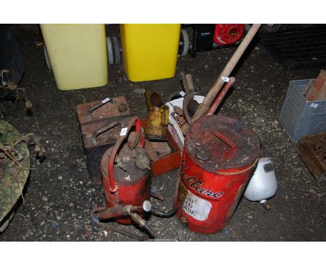 Two 2 gallon petrol cans "National Benzole Mixture" and "Esso" with Shell and Shell Mex brass caps, plus "Sellarc" greaser, "