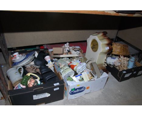 Three boxes of miscellanea, figures, plates, clock, etc.